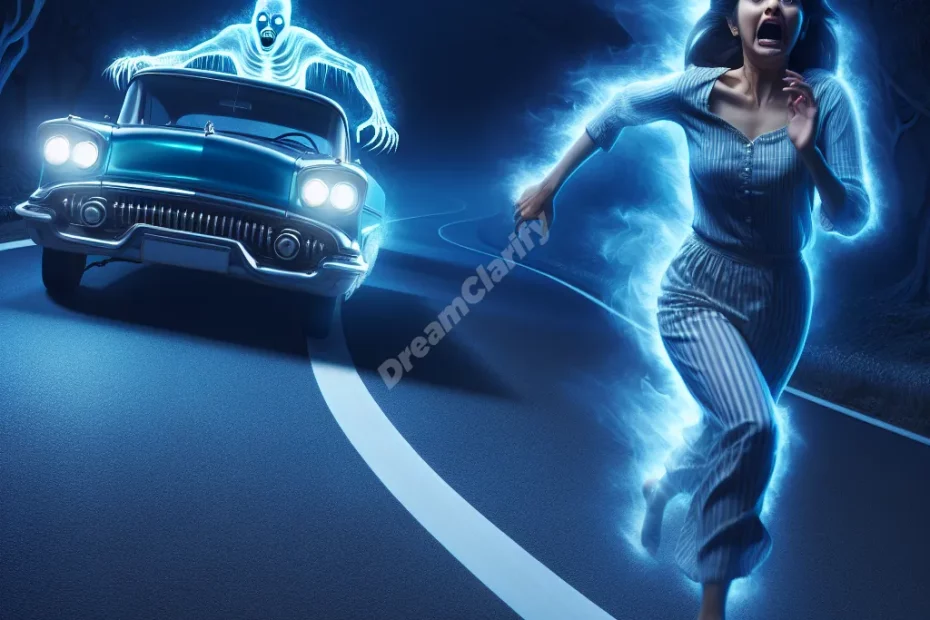 Person running from a ghostly vehicle on a dark, winding road, symbolizing vehicle chase dreams.