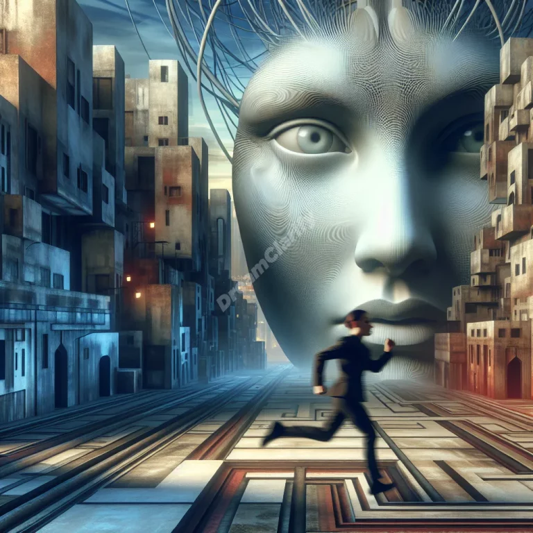Dreamer running through city maze, celebrity faces looming, representing chase dreams.