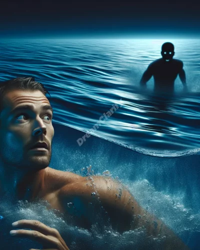 Person swimming in deep water, looking back at shadowy shape beneath surface, depicting chase dream scenario.