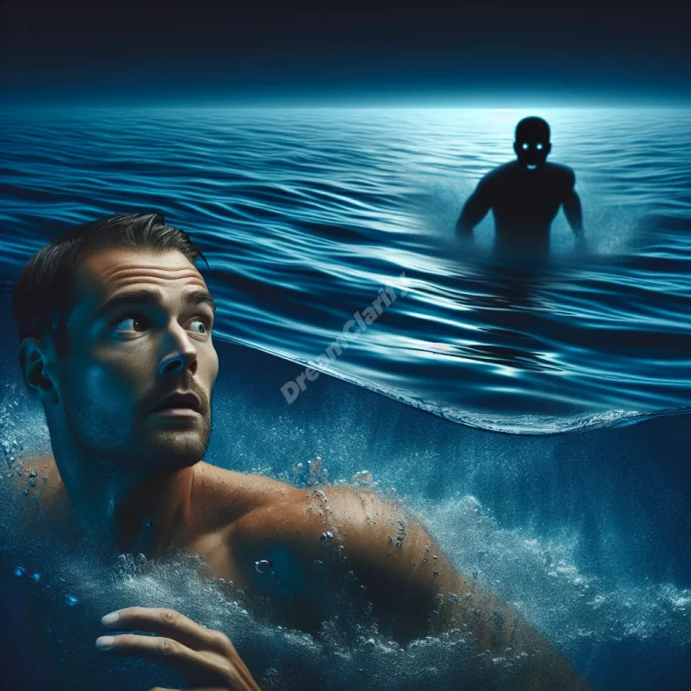 Person swimming in deep water, looking back at shadowy shape beneath surface, depicting chase dream scenario.