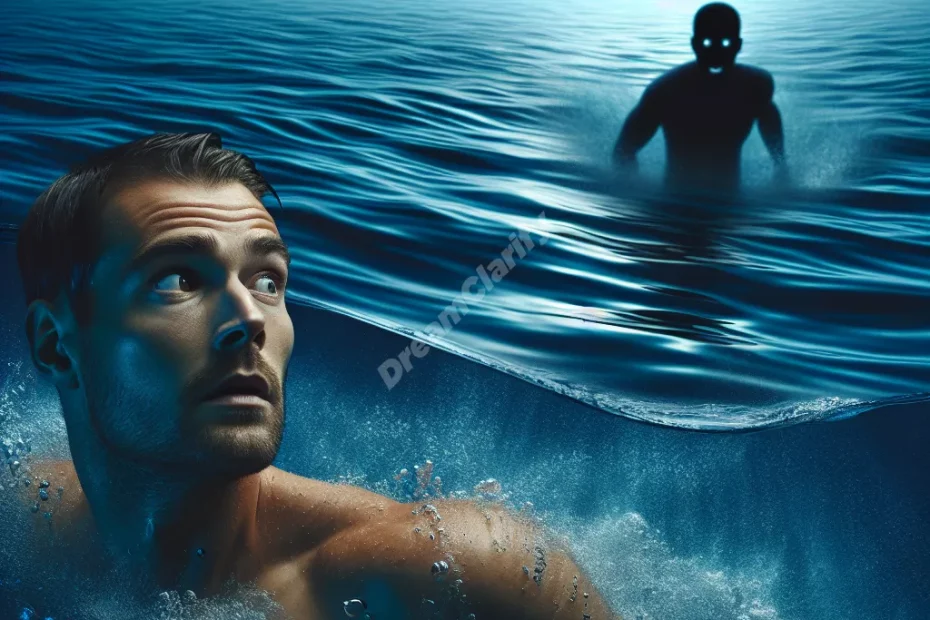 Person swimming in deep water, looking back at shadowy shape beneath surface, depicting chase dream scenario.