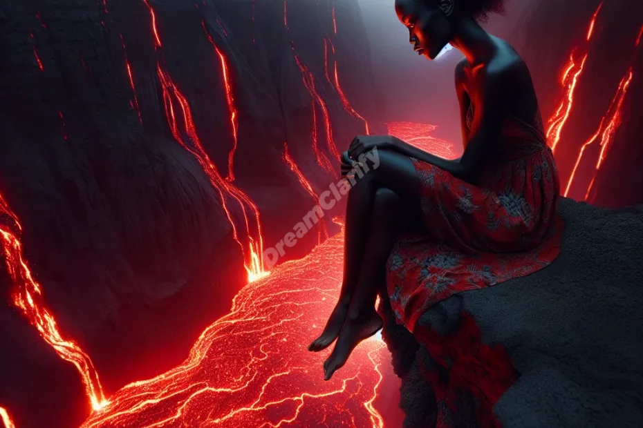 Person gazing thoughtfully at flowing lava, representing dream interpretation and self-reflection.