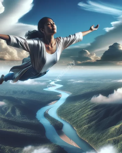 a woman flying in the sky over the river surrounded by lush green mountains