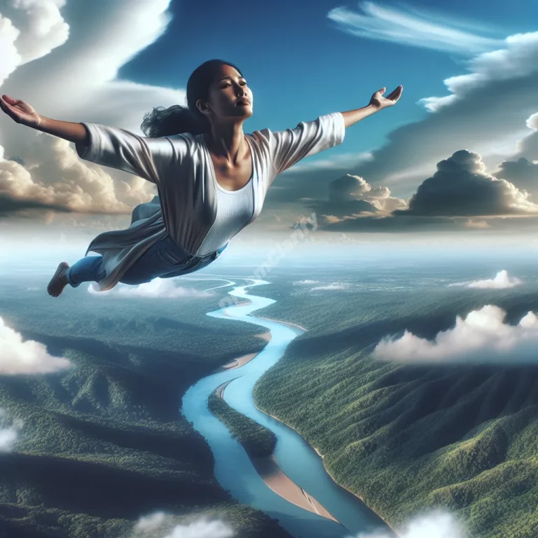 a woman flying in the sky over the river surrounded by lush green mountains