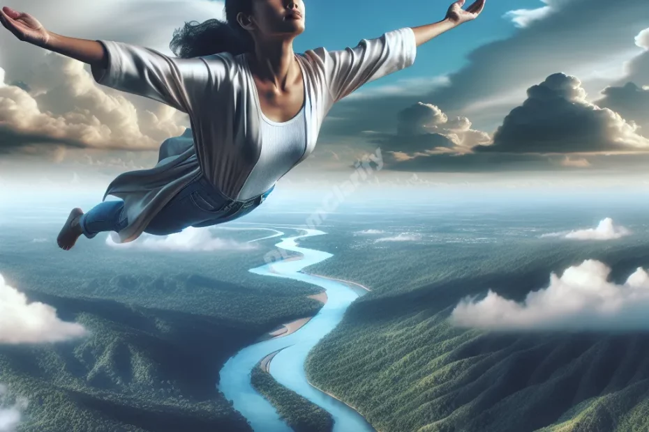 a woman flying in the sky over the river surrounded by lush green mountains