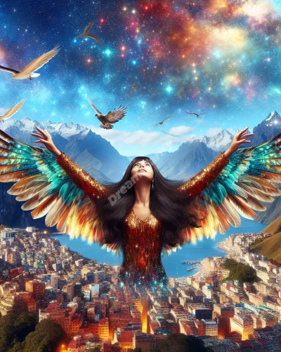 Person with bird-like wings soaring over varied landscape, symbolizing freedom in flying dreams.