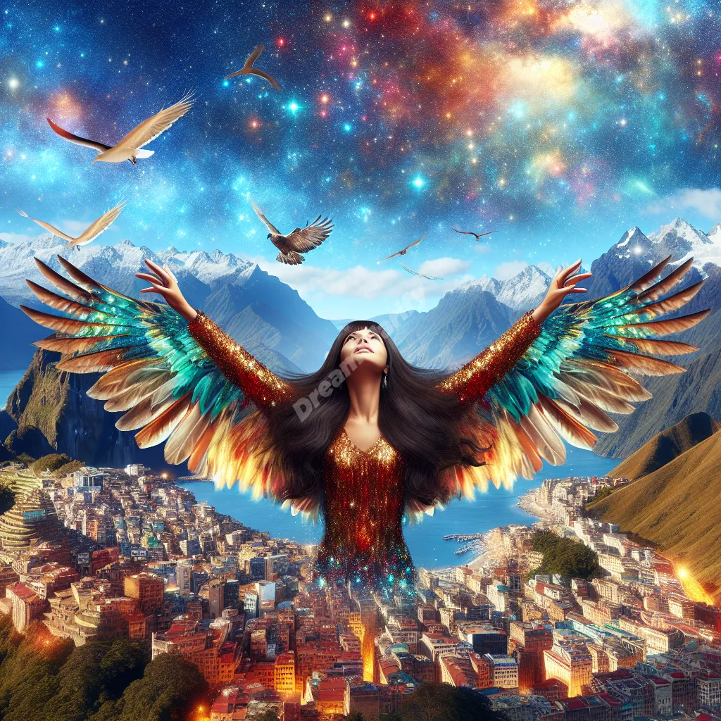 Person with bird-like wings soaring over varied landscape, symbolizing freedom in flying dreams.