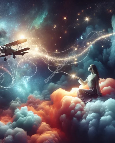 Person on cloud watching plane fly through starry sky, symbolizing dreams of flying.