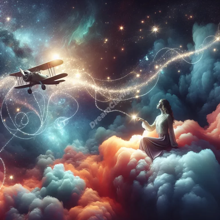 Person on cloud watching plane fly through starry sky, symbolizing dreams of flying.