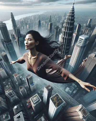 Person flying low through city, arms spread, avoiding buildings - dream interpretation visual.