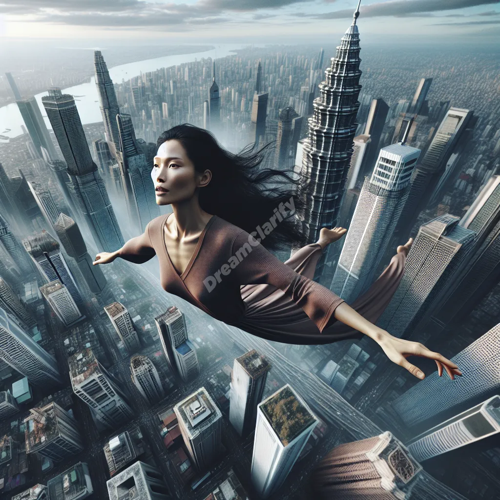 Person flying low through city, arms spread, avoiding buildings - dream interpretation visual.