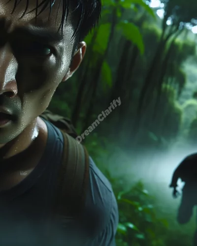 Person running slowly through misty forest, chased by shadowy figure in dream-like scene.