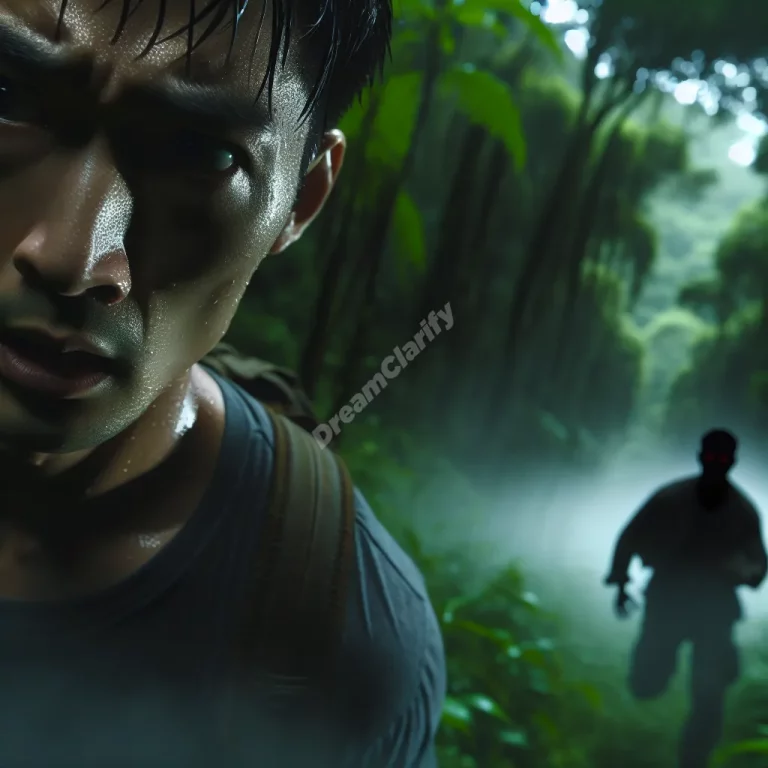 Person running slowly through misty forest, chased by shadowy figure in dream-like scene.