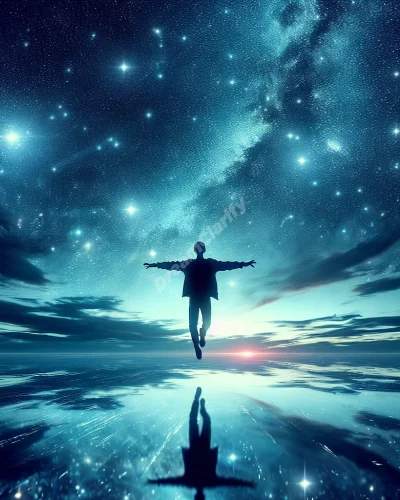 Person flying over serene ocean water, arms outstretched, under starry night sky.