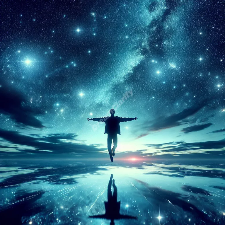 Person flying over serene ocean water, arms outstretched, under starry night sky.