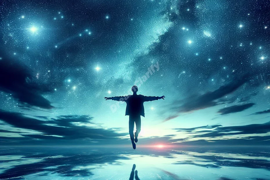 Person flying over serene ocean water, arms outstretched, under starry night sky.