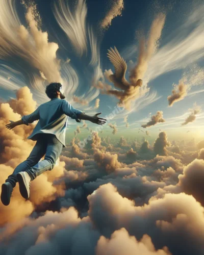 Person flying through diverse cloud formations in a vivid, dream-like sky.