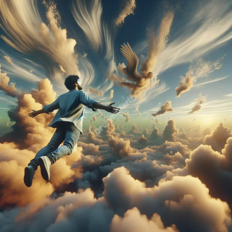 Person flying through diverse cloud formations in a vivid, dream-like sky.