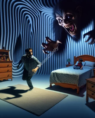 A shadowy childhood monster chasing an adult figure through a surreal, distorted version of a childhood bedroom.