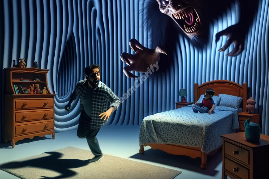 A shadowy childhood monster chasing an adult figure through a surreal, distorted version of a childhood bedroom.