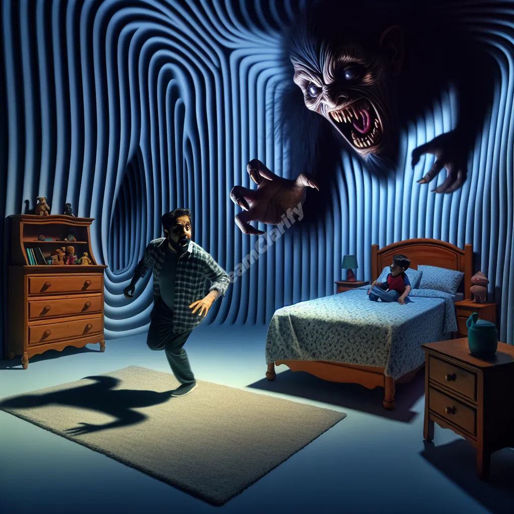 A shadowy childhood monster chasing an adult figure through a surreal, distorted version of a childhood bedroom.