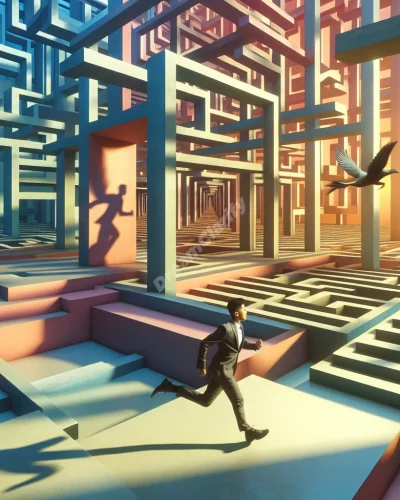 Person running through layered maze, symbolizing being chased in nested dreams.