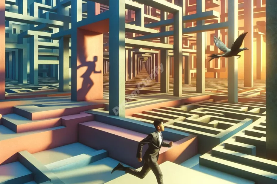 Person running through layered maze, symbolizing being chased in nested dreams.