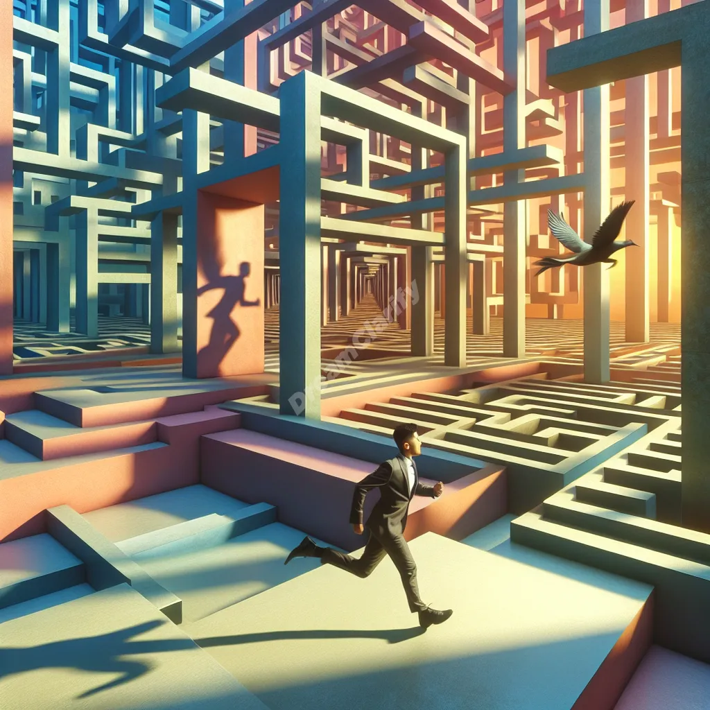 Person running through layered maze, symbolizing being chased in nested dreams.