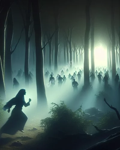 Person running through misty forest, chased by shadows, approaching bright light symbolizing awakening.