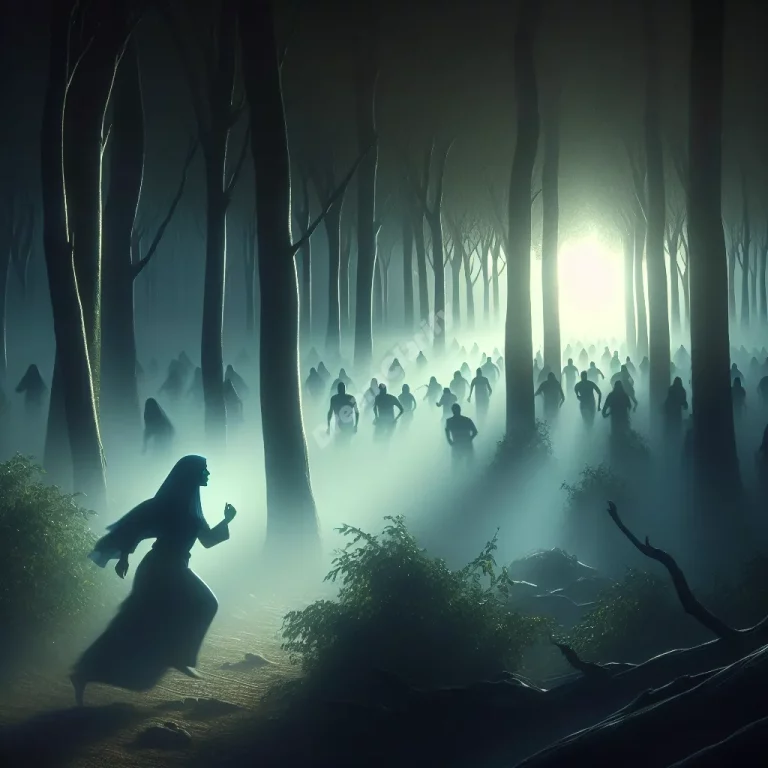 Person running through misty forest, chased by shadows, approaching bright light symbolizing awakening.