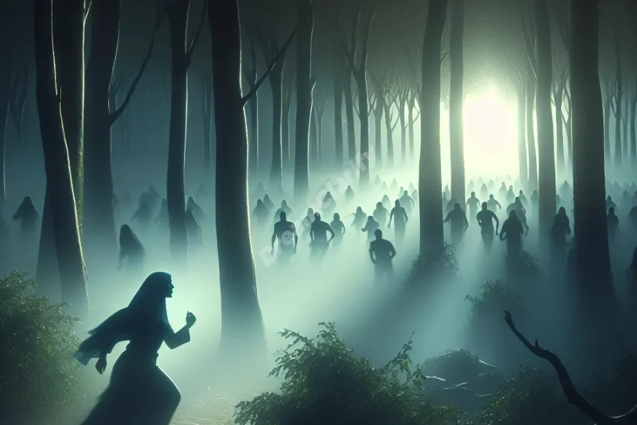 Person running through misty forest, chased by shadows, approaching bright light symbolizing awakening.