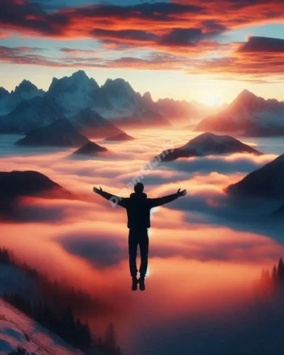 Dreamer flying over majestic mountain range, symbolizing freedom and overcoming challenges.