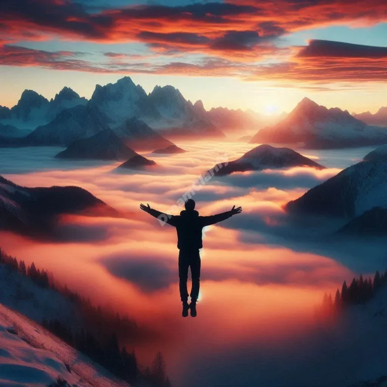 Dreamer flying over majestic mountain range, symbolizing freedom and overcoming challenges.