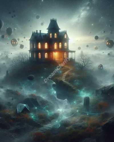 Abandoned mansion in dreamscape, glowing windows, floating objects symbolizing forgotten memories and potential.