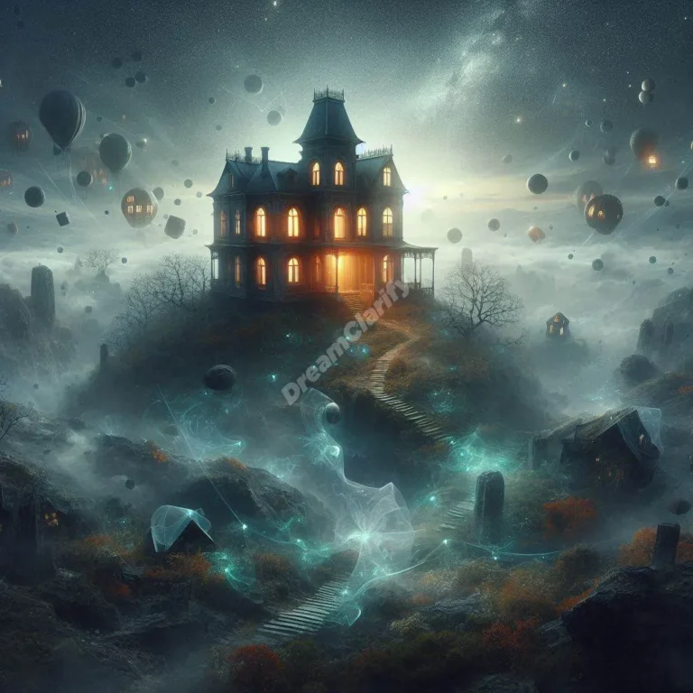 Abandoned mansion in dreamscape, glowing windows, floating objects symbolizing forgotten memories and potential.