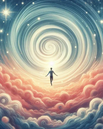 Person flying in circular pattern through dreamy sky, representing recurring dream symbolism.
