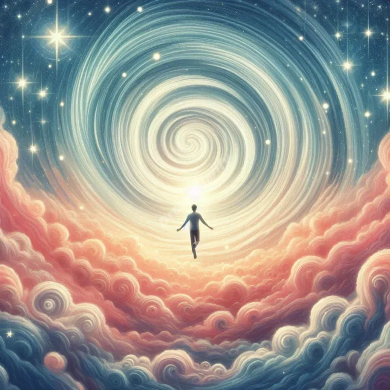 Person flying in circular pattern through dreamy sky, representing recurring dream symbolism.