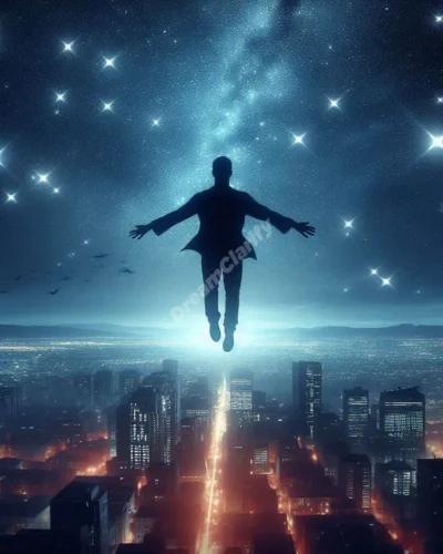 Silhouette flying through starry night sky over city, symbolizing night flying dreams.