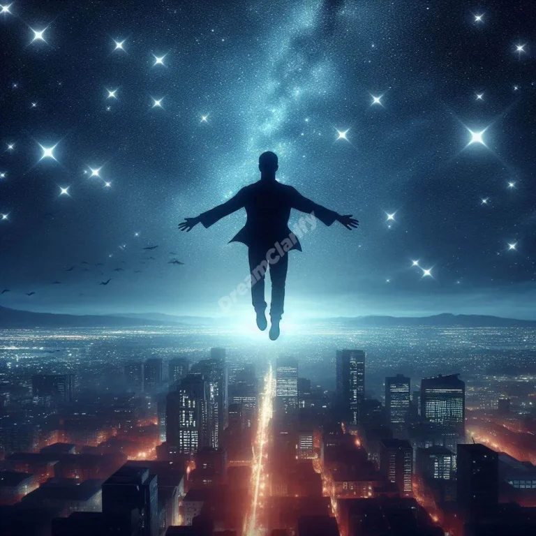 Silhouette flying through starry night sky over city, symbolizing night flying dreams.