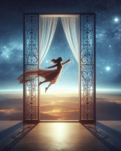 Person flying through ornate window, symbolizing dream transitions and new perspectives.