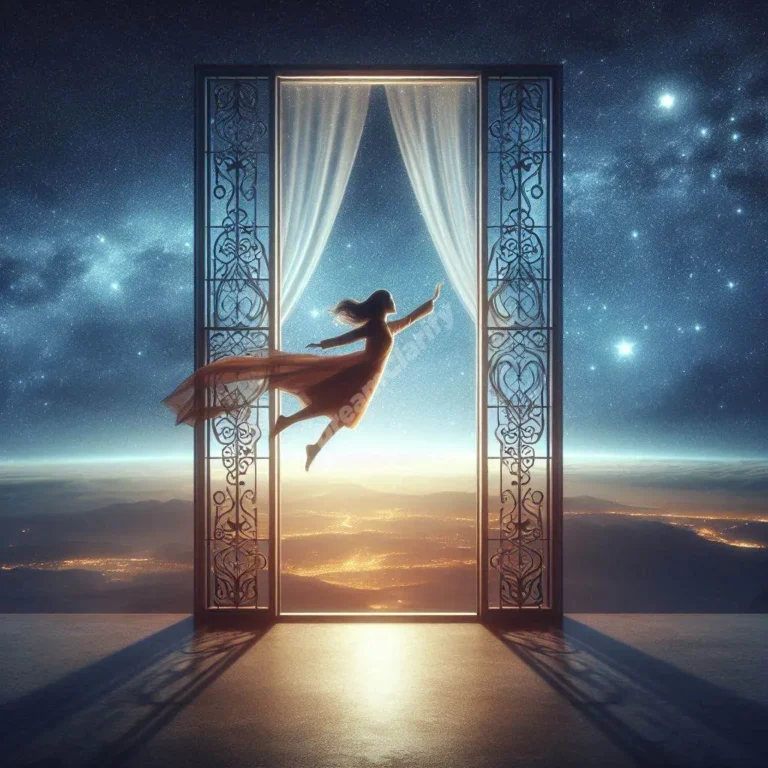Person flying through ornate window, symbolizing dream transitions and new perspectives.