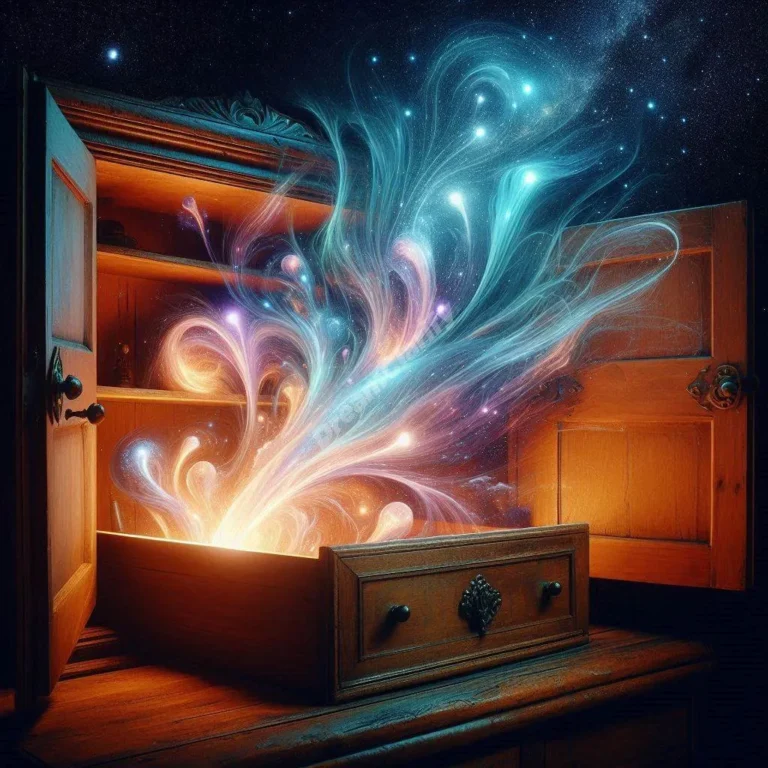Mystical wooden cabinet with glowing contents, symbolizing the hidden meanings in cabinet dreams.