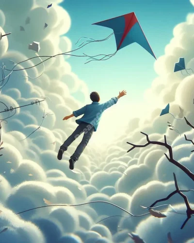 Dreamer flying through cloudy sky with obstacles, representing struggle in flying dreams.