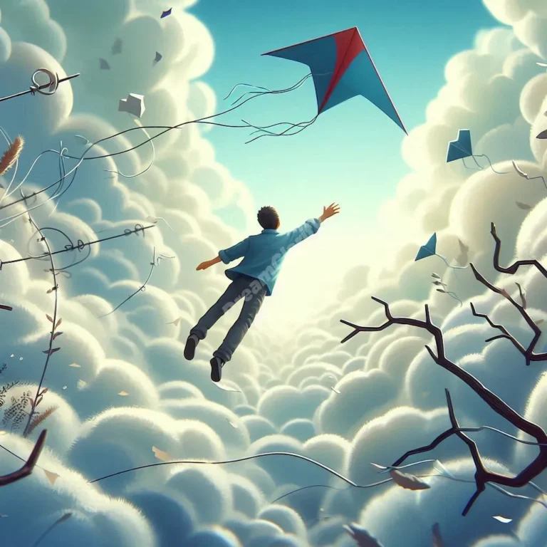 Dreamer flying through cloudy sky with obstacles, representing struggle in flying dreams.
