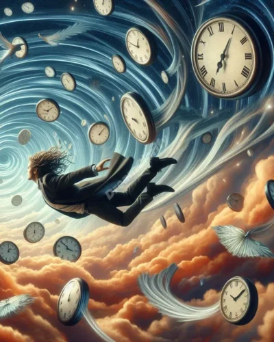Dreamer flying backwards through surreal sky with clocks, symbolizing time and reverse motion.