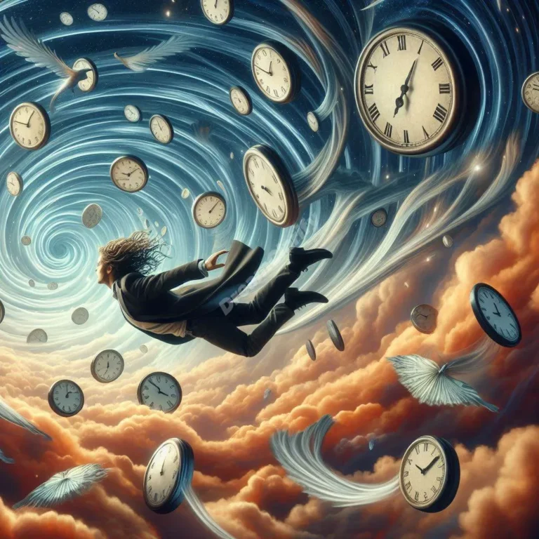 Dreamer flying backwards through surreal sky with clocks, symbolizing time and reverse motion.