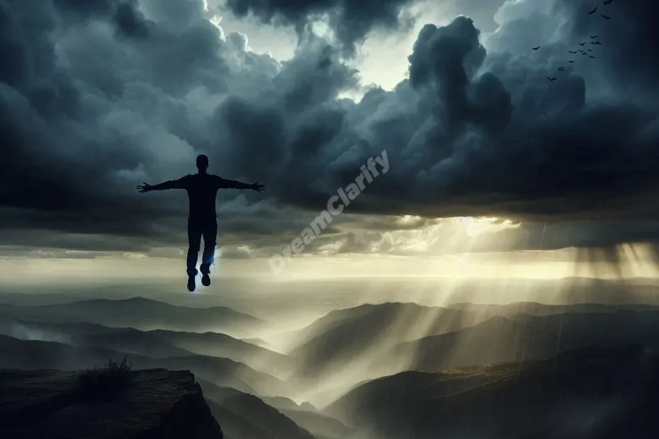 Person flying away from danger, symbolizing escape and empowerment in dreams.