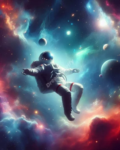 Dreamer in spacesuit floating among stars, planets, and colorful nebulae, embodying the wonder of space flight dreams.