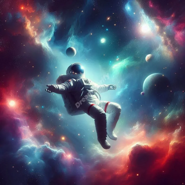 Dreamer in spacesuit floating among stars, planets, and colorful nebulae, embodying the wonder of space flight dreams.