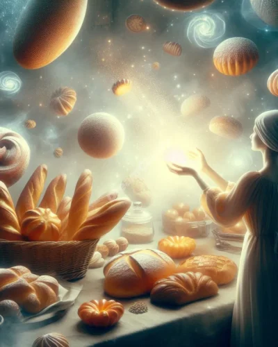 Dreamy bakery scene with floating pastries and glowing bread symbolizing subconscious messages.